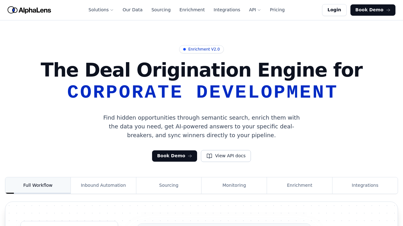 AlphaLens Intelligence website screenshot showing AI-powered deal origination workflows