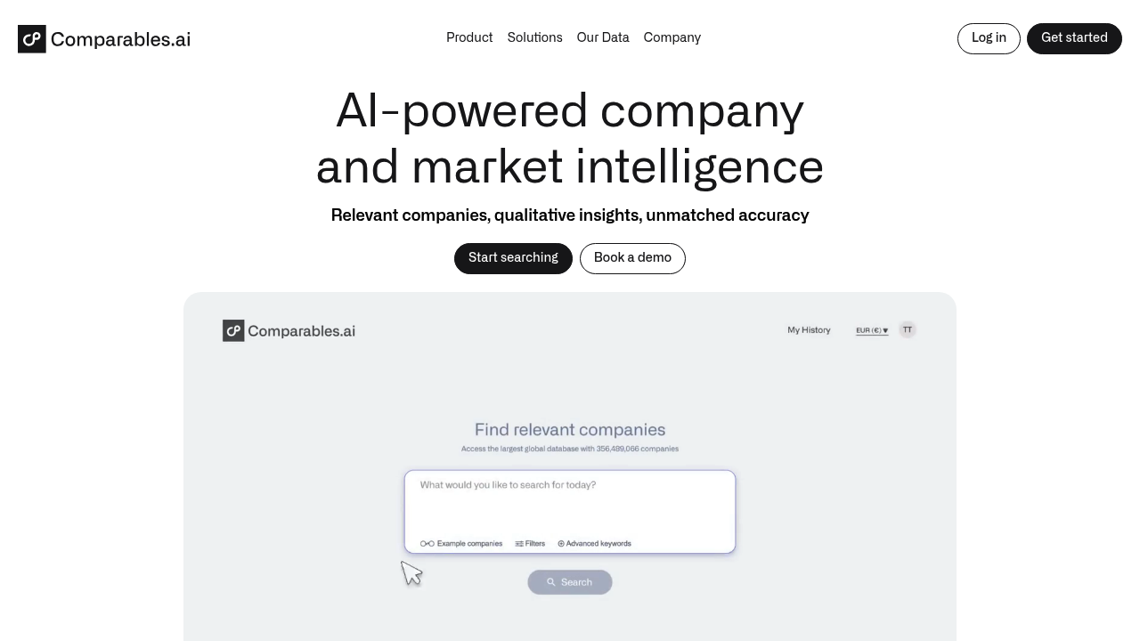 Comparables.ai website screenshot showing AI valuation and M&A intelligence
