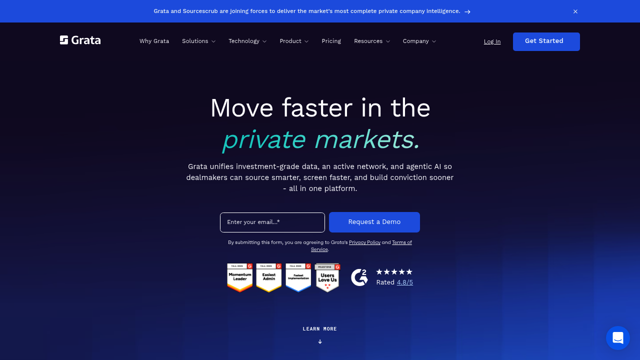 Grata website screenshot showing private market search for M&A teams