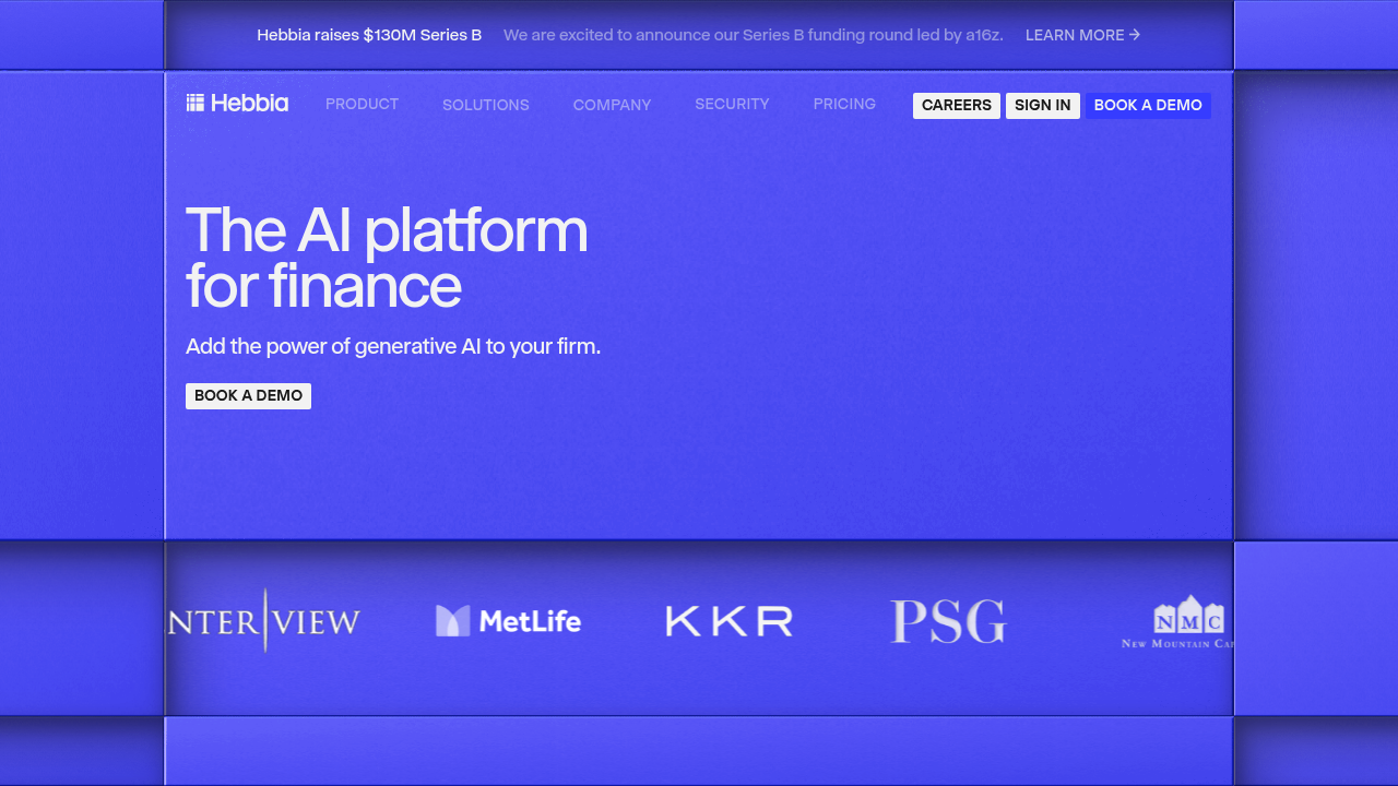 Hebbia website screenshot showing enterprise AI for finance and diligence
