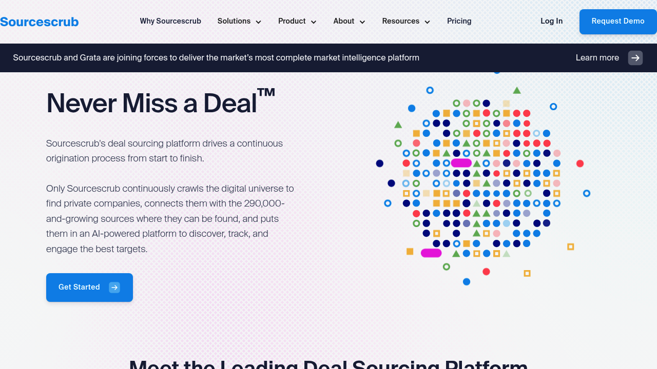 SourceScrub website screenshot showing sources-first deal sourcing software