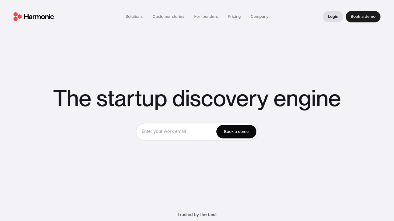 Harmonic website screenshot showing early-stage startup discovery and signal monitoring