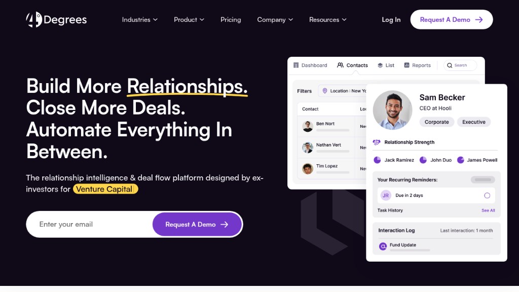 4Degrees website hero showing relationship intelligence and deal flow automation